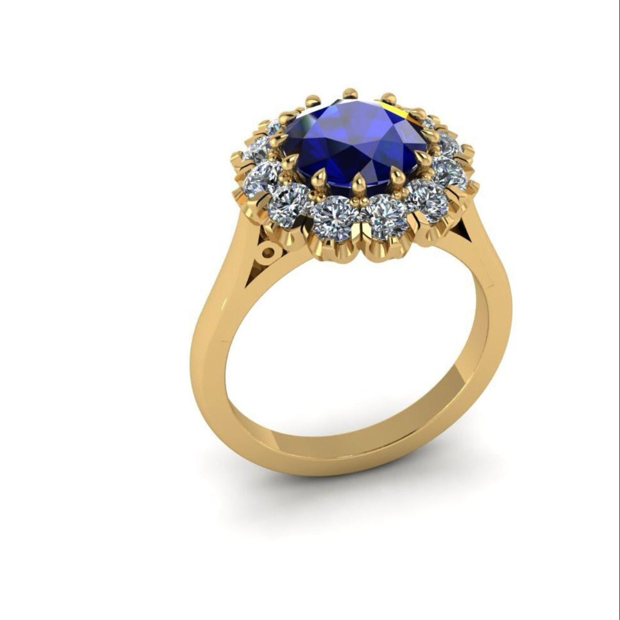 Gold ring with a blue gemstone and smaller diamonds on a white background
